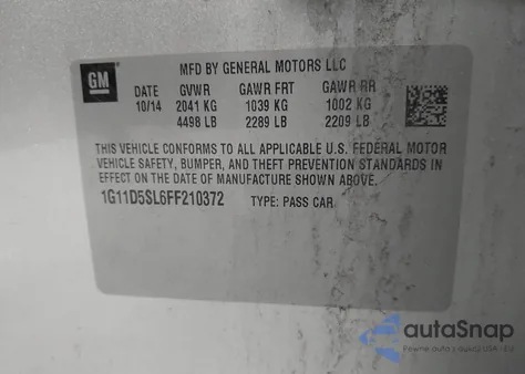 2015 Chevrolet Malibu 2Lt z USA, uszkodzony, nr VIN 1G11D5SL6FF210372